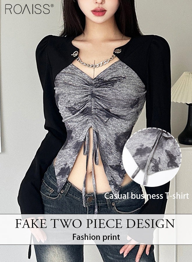 roaiss بلوزة عصرية من قماش مرقع للنساء متعددة الاستخدامات للتنقل اليومي، تي شيرت بحاشية غير منتظمة مع رباط قابل للتعديل، بلوفر يكشف عن منطقة البطن - Image 1